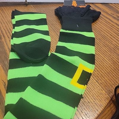 New Witch Long Socks Green/black Lace Top Womens 4-10